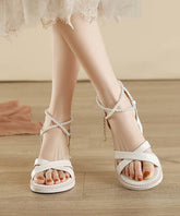 French Apricot Chunky Heel Cross Strap Sandals Peep Toe Nail Bead